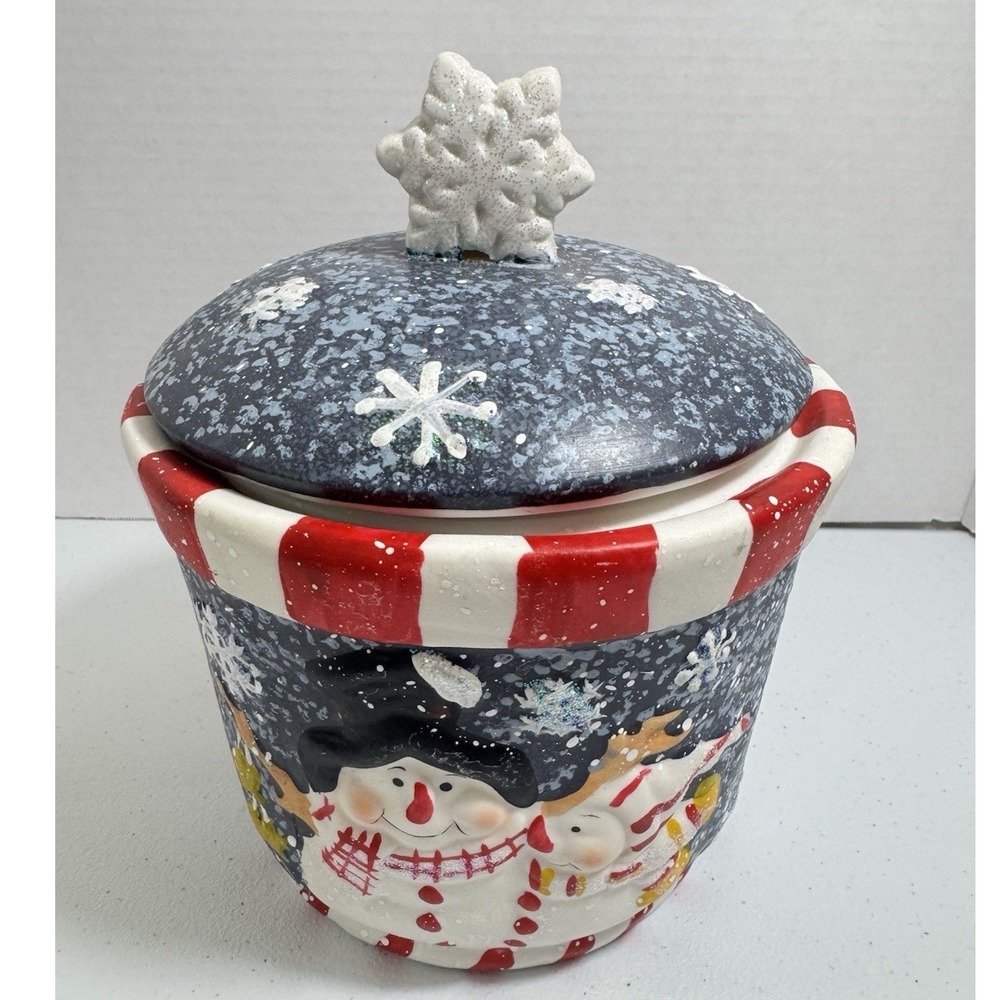 Ceramic Christmas Snowman Cookie Jar‎ Candy Treat Canister "It's Snow Time!"